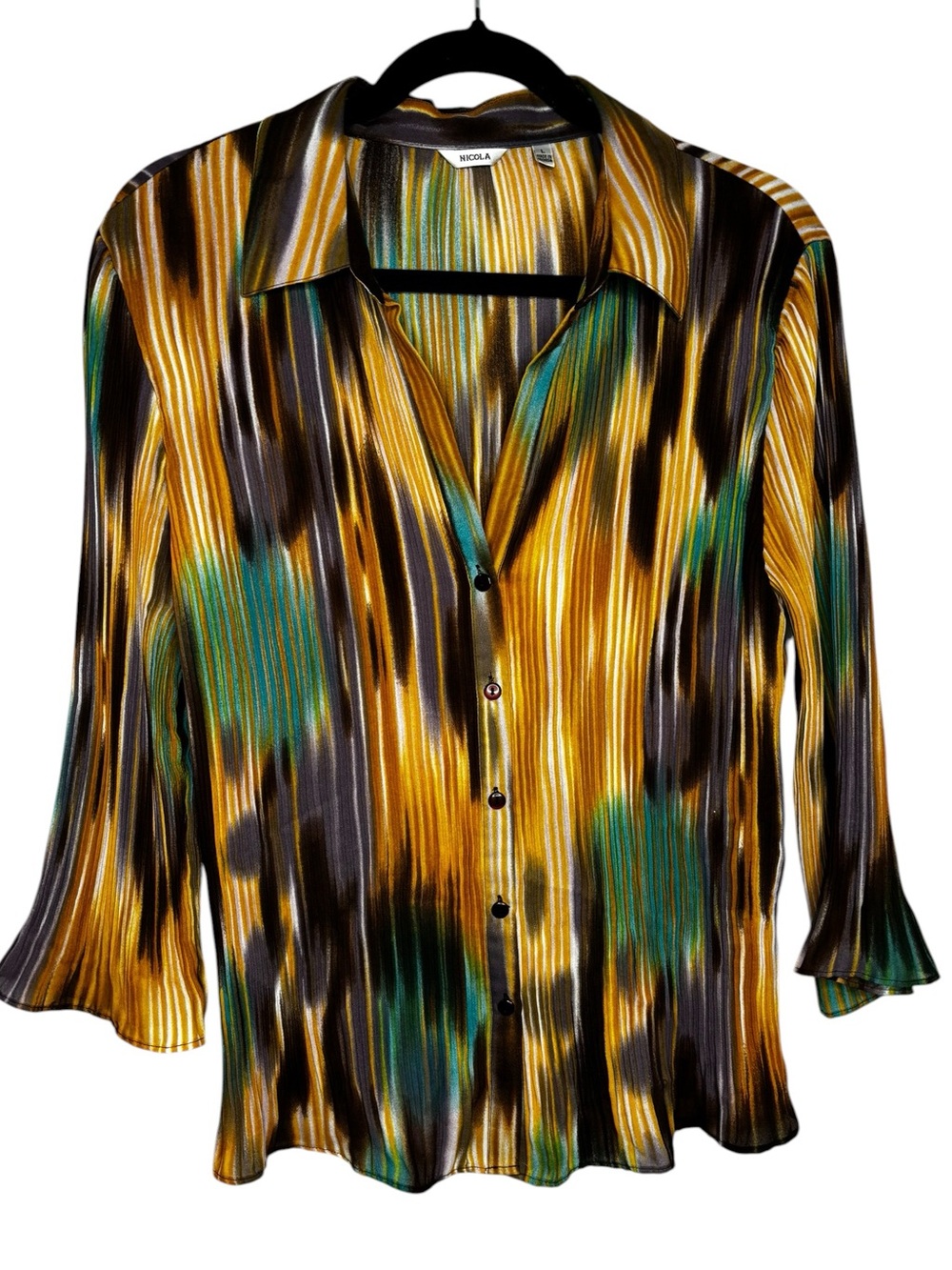 Nicola VTG 90s Abstract Striped Button Front Blouse Crinkle Bell Sleeve Retro LG